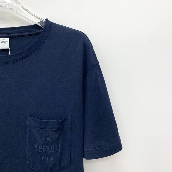 CM0379 Berluti Navy Blue Pocket T-Shirt With Logo Detail Crew Neck Short Sleeves - Picture 3 of 7